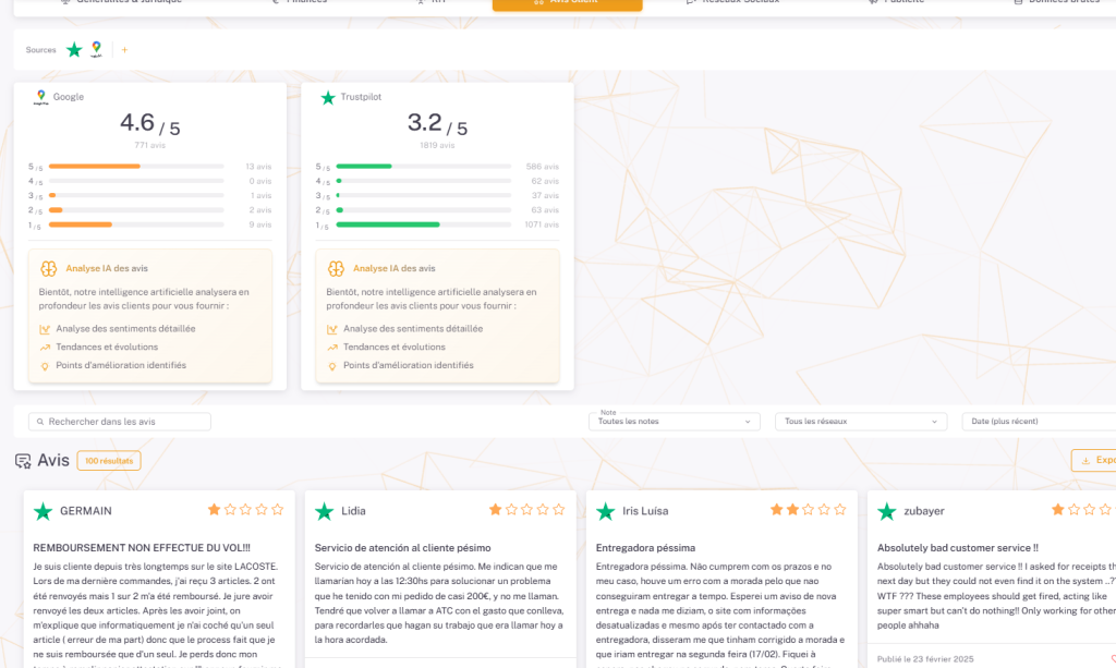 Interface des avis clients